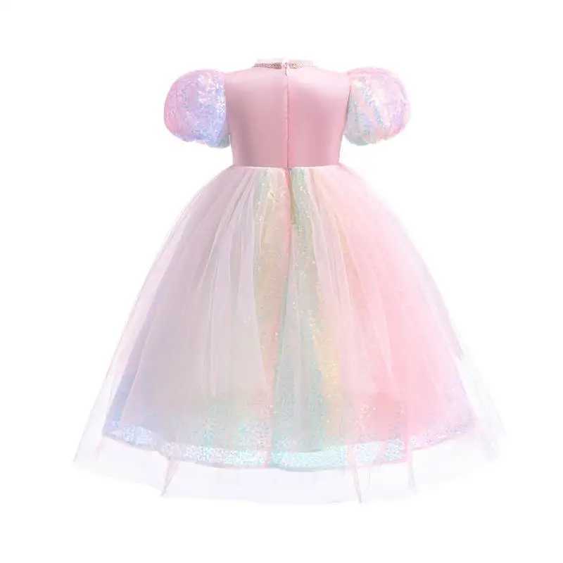 Disney Girls new pearl gradient sequin colored gemstone mesh princess dress with bubble sleeves Halloween mermaid cosplay dressXJ250411