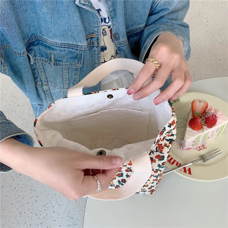 Womens buckle hand-held food bag Corduroy commuting hand-held lunch bag student literature picnic travel bento box handbag 250410