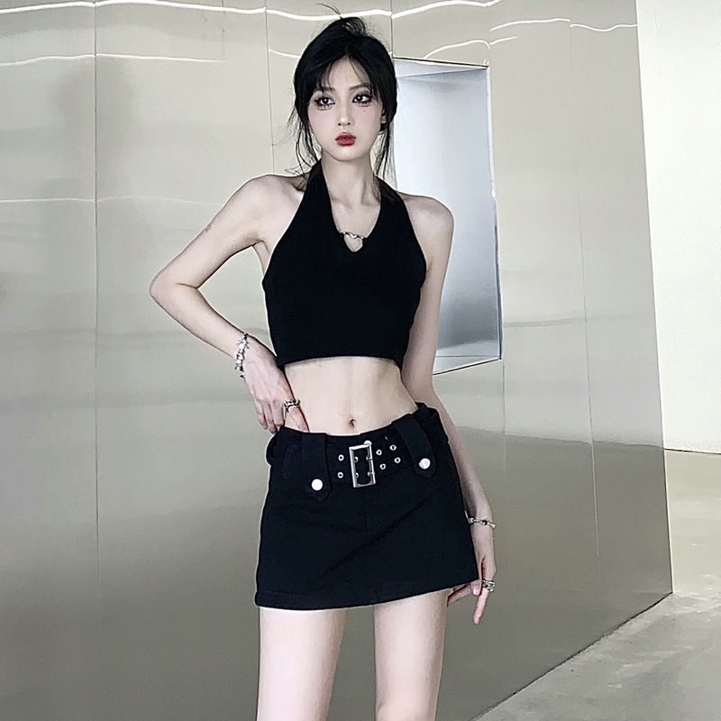 X123 denim skirt half skirt women high waist skirt short skirt design belt skirt vest