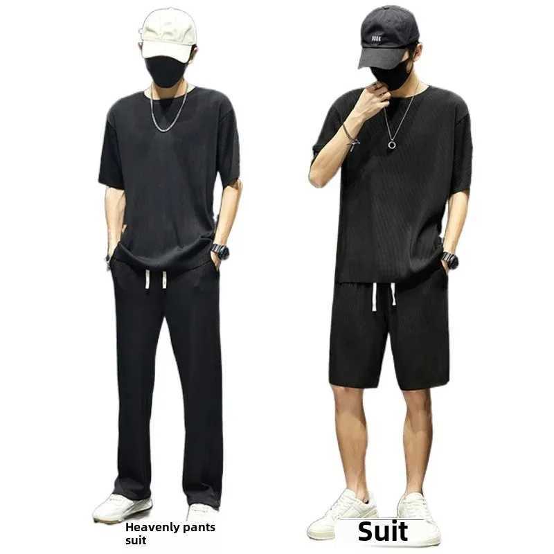 Mens ice silk set casual short sleeved T-shirt 2-piece set summer 2024 new sports shirtXJ250412