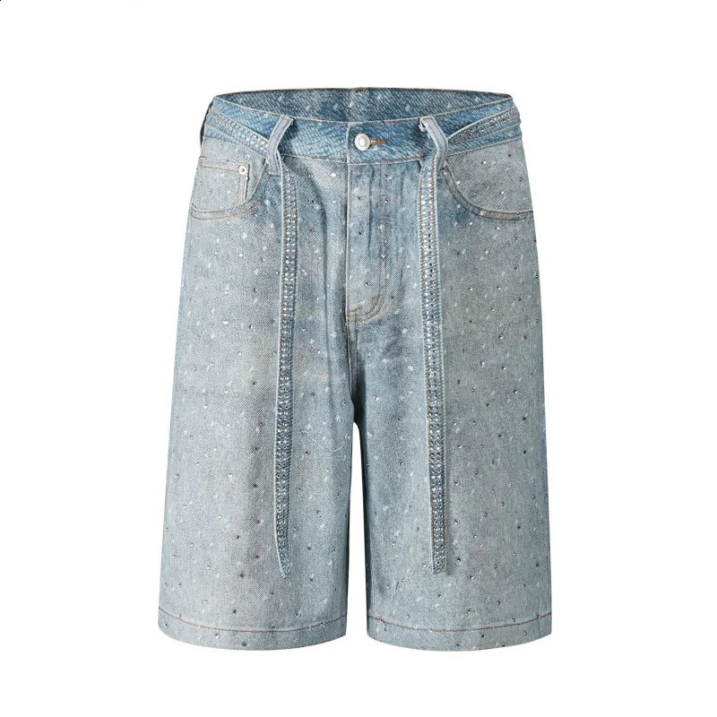 MAQVOB Top Quality European And American High Street Washed Diamond Rhinestone Draw String Denim Short Jeans 250411