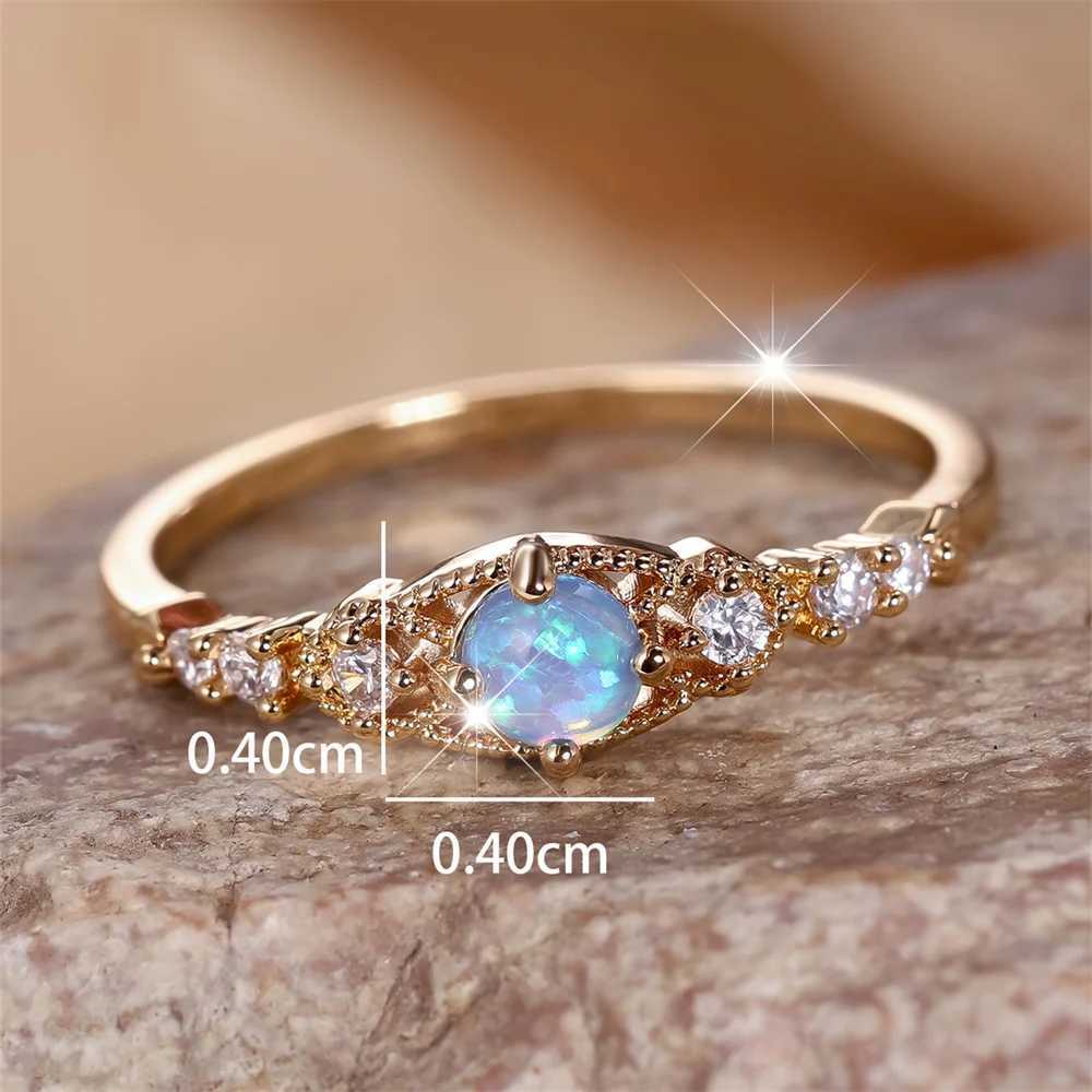 Blue Opal Small Round Stone Female Engagement Ring Vintage Gold White Zircon Wedding Ring Birthday Stone Jewelry GiftXJ250412