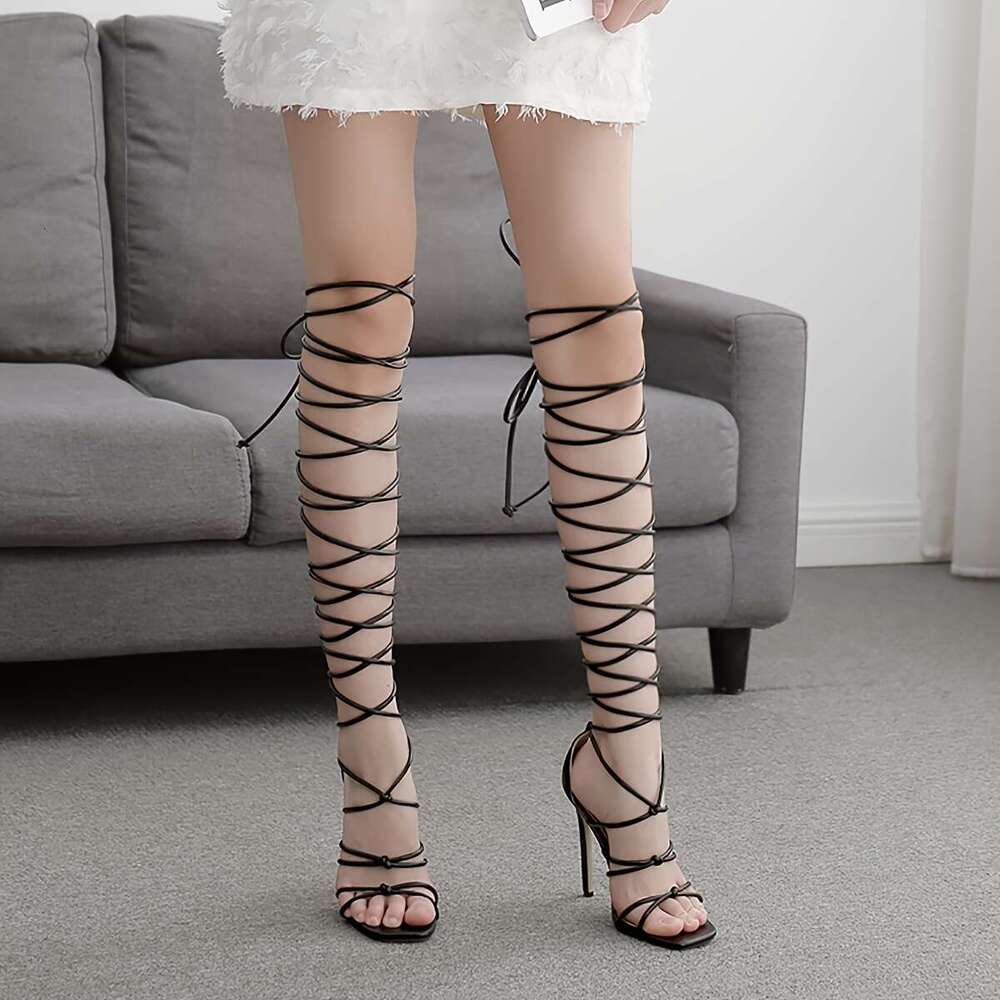 Women's Sexy Over-The-Knee Lace-Up Stiletto Heels, Open Toe High Heels With Rubber Sole, Man-Made Materials, All-Season Solid Color Party Shoes