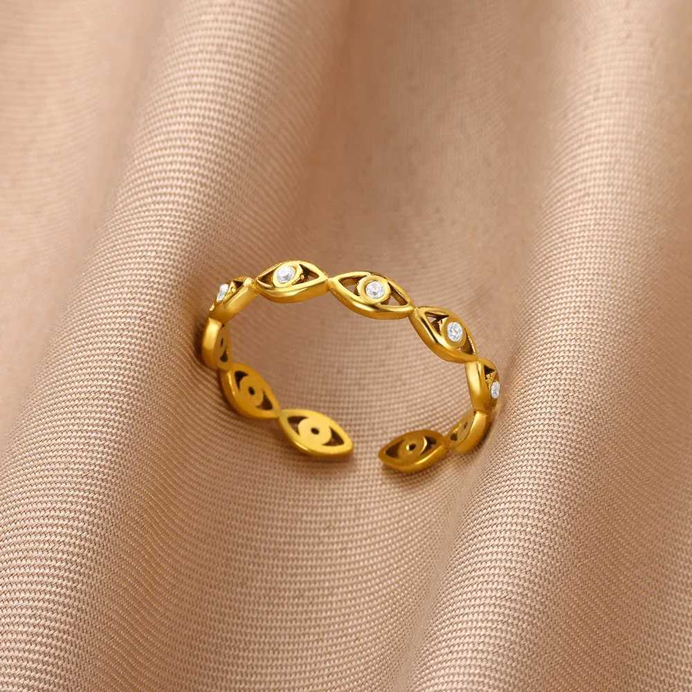 Green Zircon Evil Eye Ring Womens Stainless Steel Gold Geometric Open Ring New Waterproof Fashion Jewelry GiftXJ250412