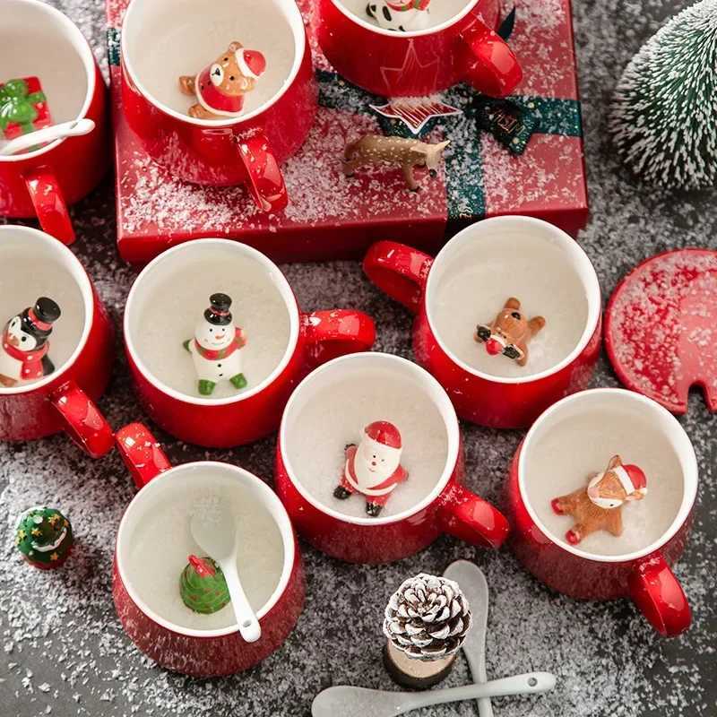 Christmas Christmas gift ceramic water cup Santa Claus snowman red festive mug with lid spoon Christmas tree reindeer cup Y251112