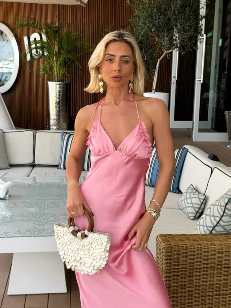 Womens pink satin camisole Maxi dress fashionable sleeveless backless high waisted slim fit long dress womens evening gown 250408