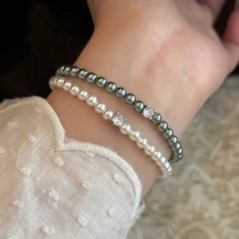 Romantic French Shiny Zircon White Gray Simulated Pearl Beaded Strand Bracelets for Women Simple Elegent Jewelry AccessoriesC250411