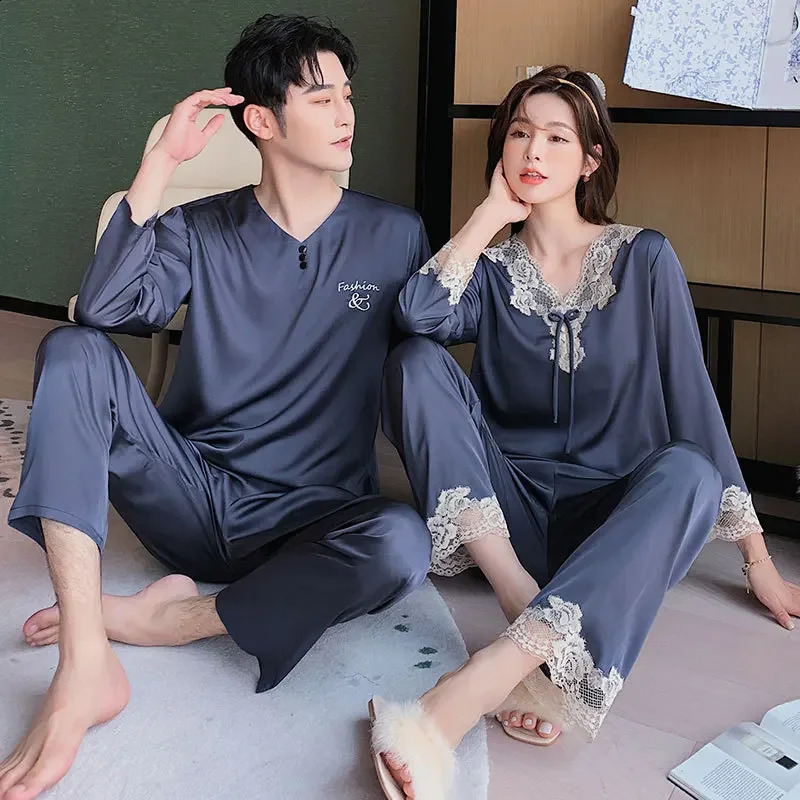 High Quality Pajamas Set Men Women Fall Summer Ice Silk Couple Sleepwear Male Female Large Size Silk Loungewear Suit 250411