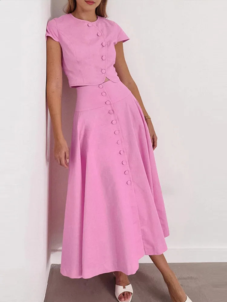 Women Vest Skirt Suit Solid O-neck Single Breasted Short Sleeve Short Top Button Wide Leg Skirts Female Summer Lady Beach Wears 250411