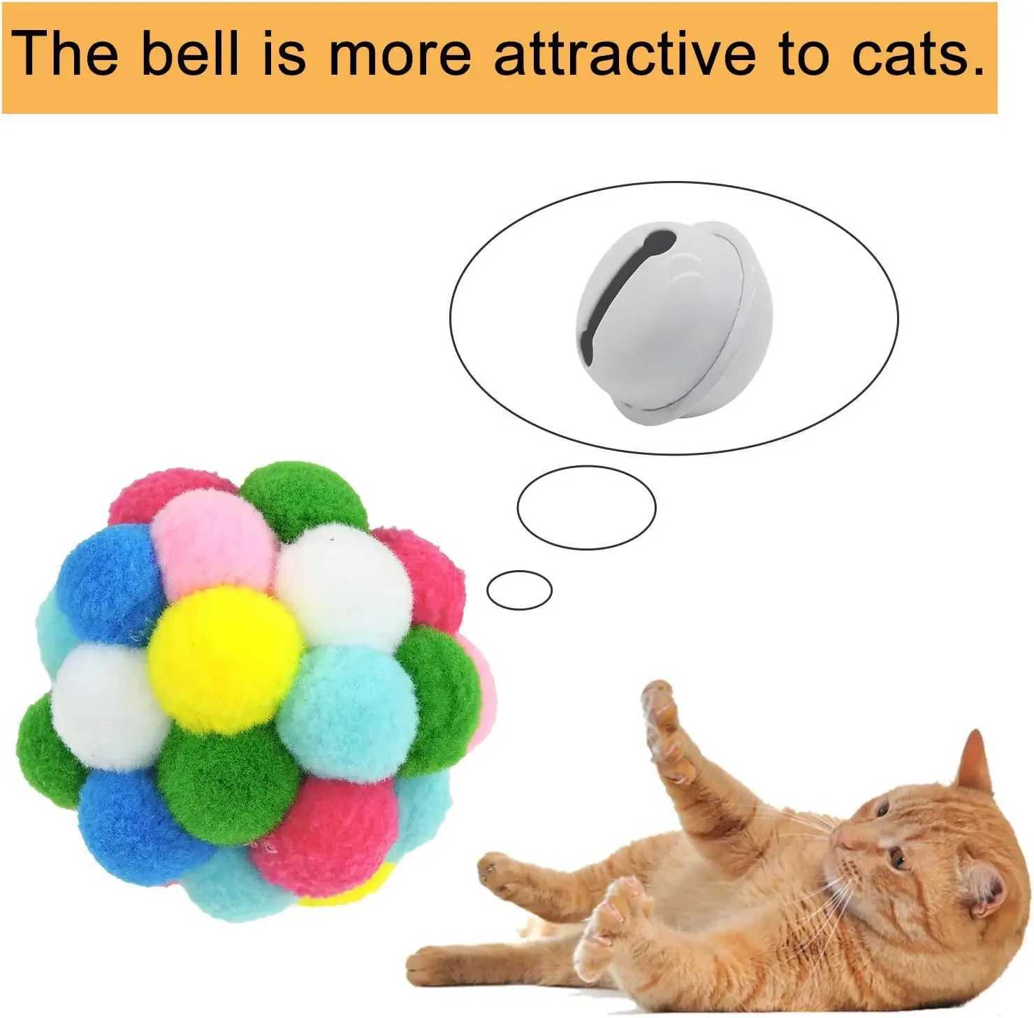 3/60 pieces of cat toy balls with bells colored cat Pom balls Tinsel glitter balls indoor cat and kitten interactive toys Y250412