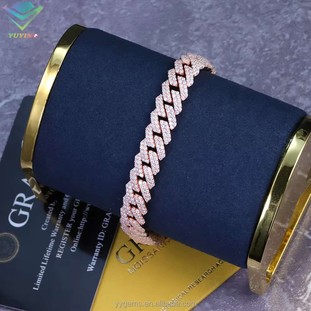 Yu Ying Pass Diamond Test 12mm Wide 2Rows Cuban Link Chain 925 Silver Hip Hop VVS Moissanite Chain Mens Jewelry