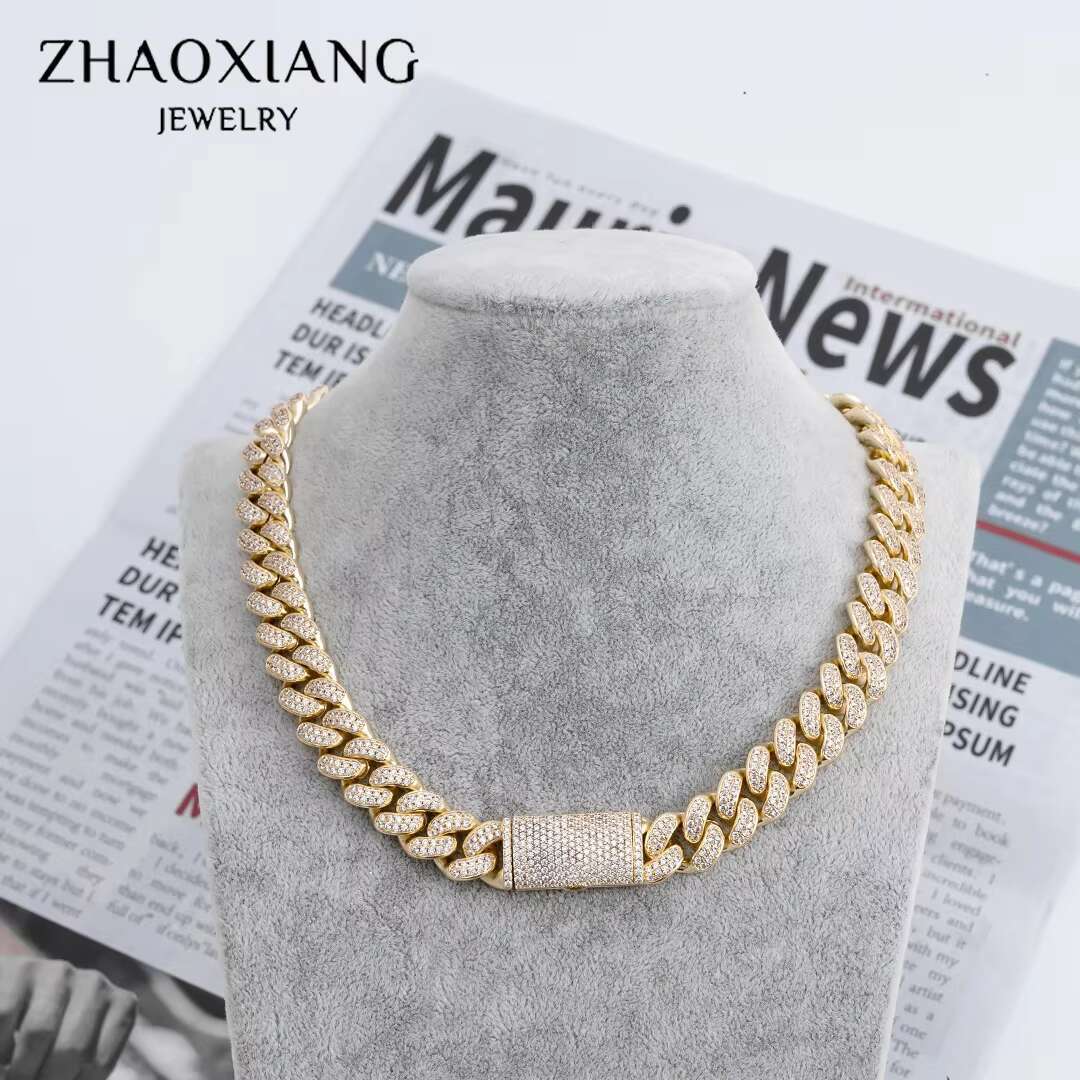 Jewelry Quality Hiphop Iced Out Cubic Moissanite Cuban Link Chain Necklace Mens Brass Moissanite Diamond Chain Necklace