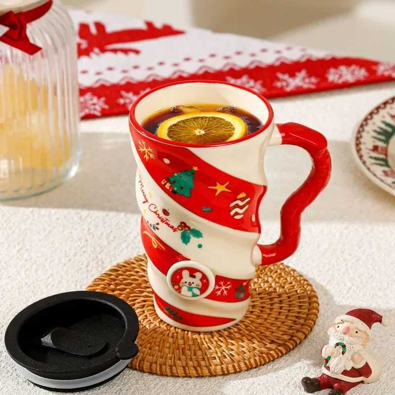 Christmas 2025 New Christmas ceramic cup threaded reindeer large capacity creative mug with lid gift box cup cross-border Christmas gift Y Y251112