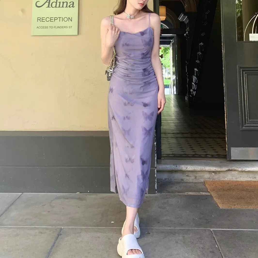Womens French Purple Flower spaghetti Strap Dress 2025 SpringSummer Beach Vacation ShortsLong Ultra Thin Fit 250411