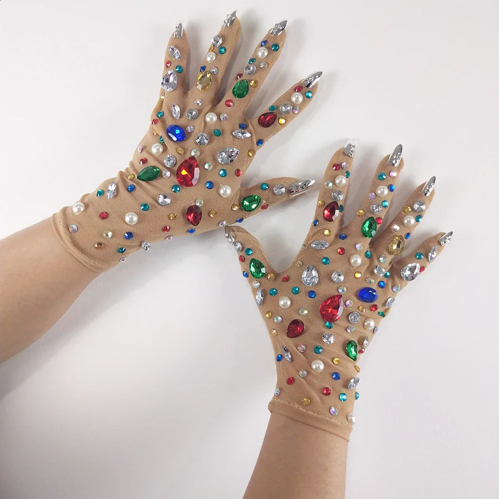 Nude Mesh Bling Rhinestones Wedding Gloves Crystal Transparent Long Mittens Female Singer Performance Stage Accessories 250408