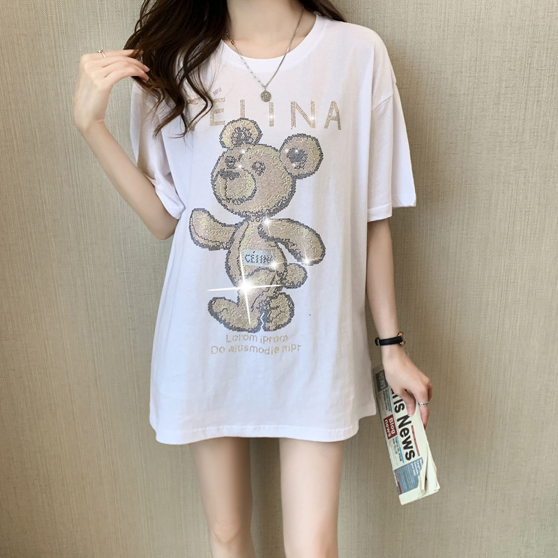 Designer Women's Hot Diamond T-shirt Summer Bear Pattern Black Women's Short Sleeve Combed Cotton Loose Medium To Long Version Instagram Fas