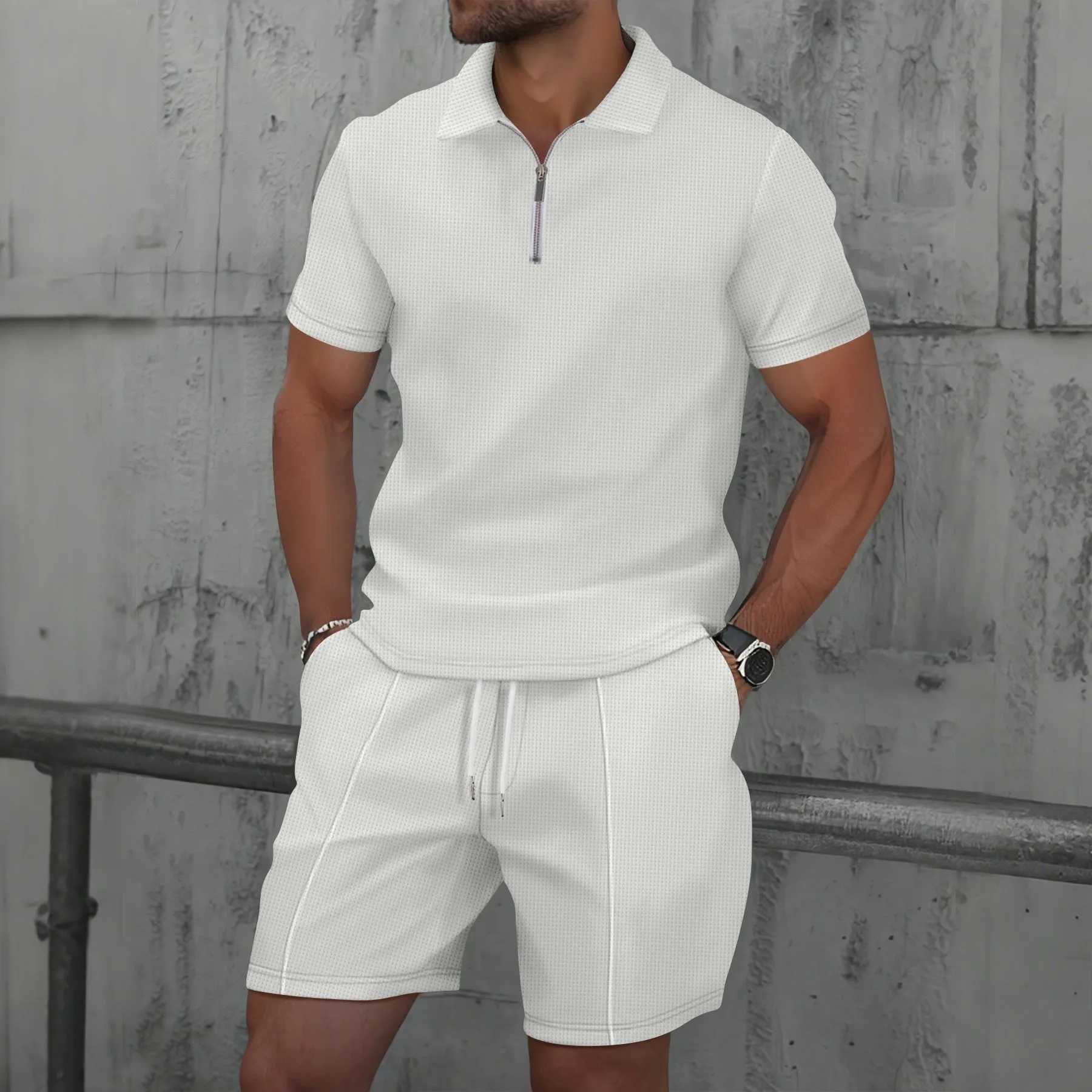 2025 Mens European and American New Summer Waffle Solid Color Zipper Collar Short Sleeve Set Two SetsXJ250412