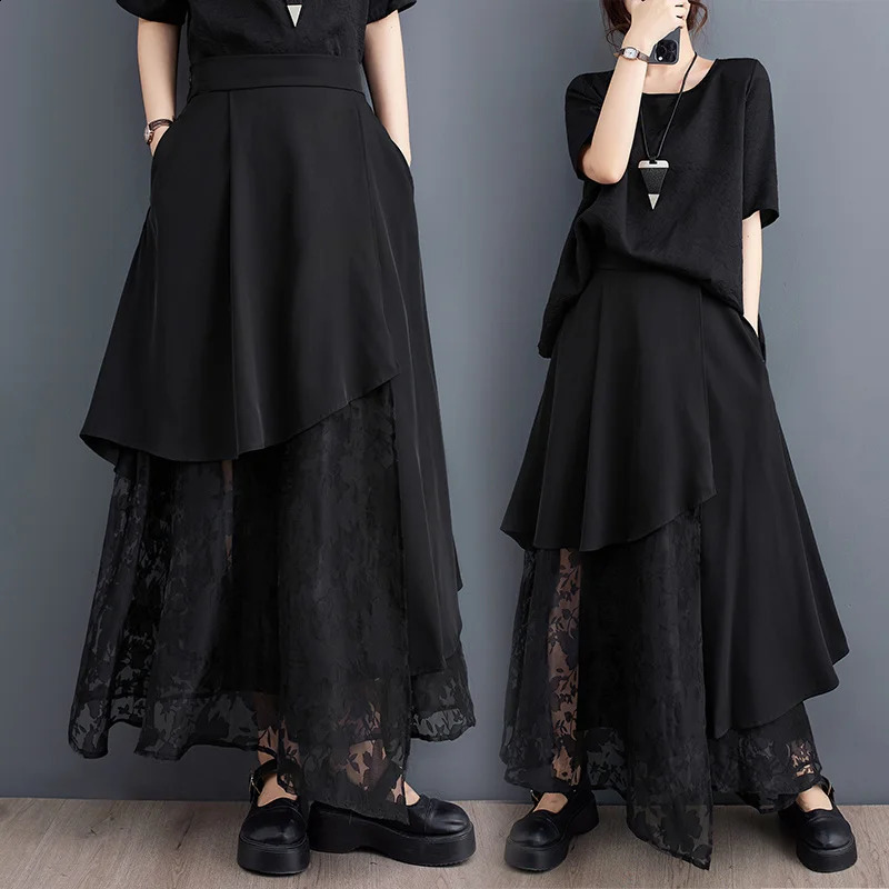 #3002 Black Midi Irregular Skirts Women Summer Loose Spliced Lace A-line Skirt Pockets High Waisted Gothic Skirt Korean Style 250411