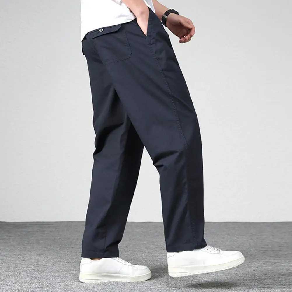Mens pants loose fit multiple pockets solid color mid waist thin casual smooth soft breathable mens summer autumn TrouserXJ250412