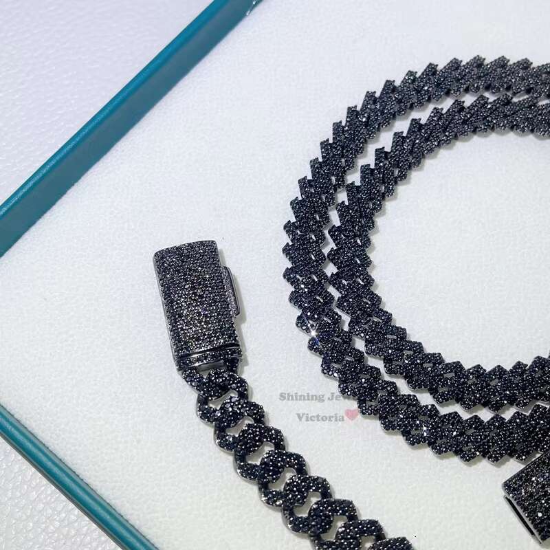 Guangzhou Shining Jewelry 10MM Sterling Silver Hip Hop Iced Out Black Moissanite Cuban Chain