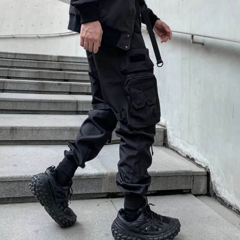 Multi-pockets Ribbons Bandage Tactical Techwear Cargo Pants Mens Haruku Punk Hip Hop Joggers Pantalons Casual Streetwear