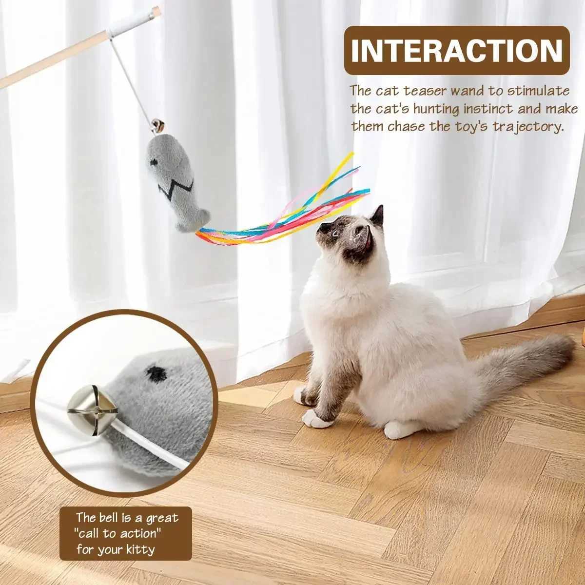 Fashionable cat stick toys natural wooden cat teasing sticks interactive elastic string cat stick toys Y250412