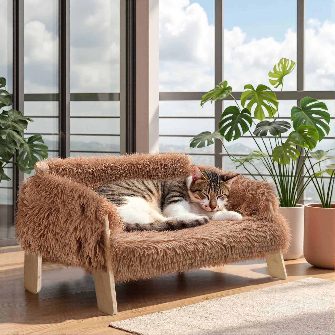 Big cat bed hardwood legs raised plush cat sofa bed small cat bed indoor cat - soft cat sofa X250412
