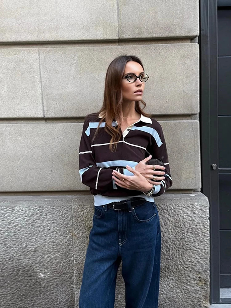 Fashion Stripe Knitted Polo Shirt for Women Casual Female Lapel Long Sleeve T-Shirt Spring Loose Lady Polo Collar Knitting Tops 250411