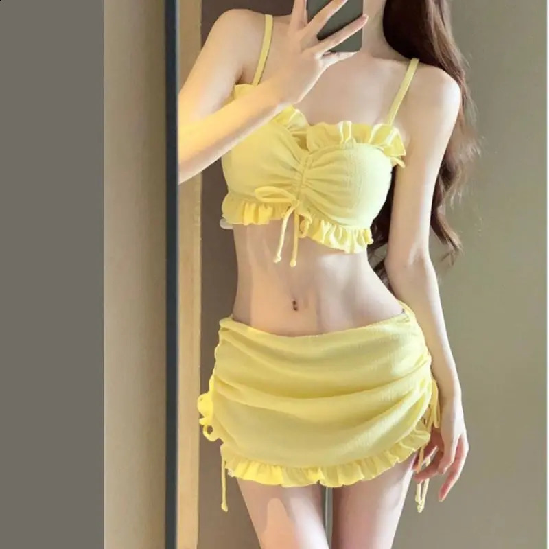 Women Sexy Spaghetti Ruffle Drawstring Swimsuit 3 Piece Bikini Set Solid Vacation Beach Bathing Suit Fairy Sweet Swimwear Skirt 250411