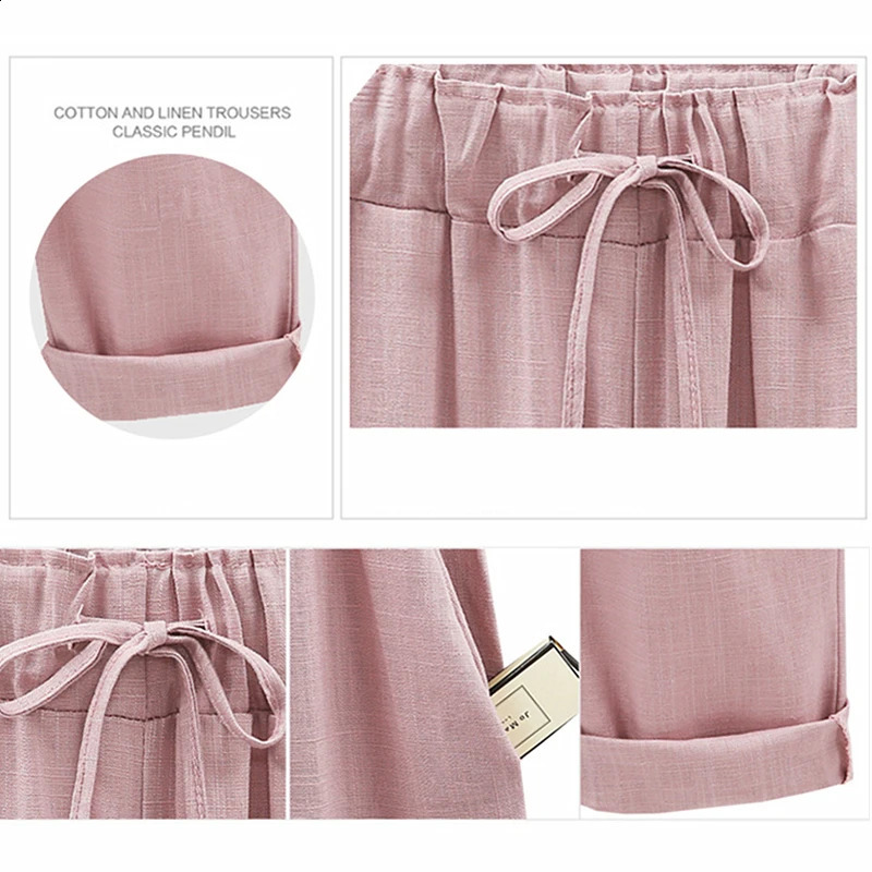 Cotton Linen Pants Elastic Mid Waist Ankle Length Pant Casual Women Loose Spring Pants Female Slacks Size M-5XL 6XL 7XL 8XL 250411
