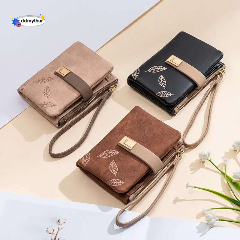 Fashion Female Wallet Short Leaf Print Women Small Nubuck Leather Purse with Wrist Strap ddmythur