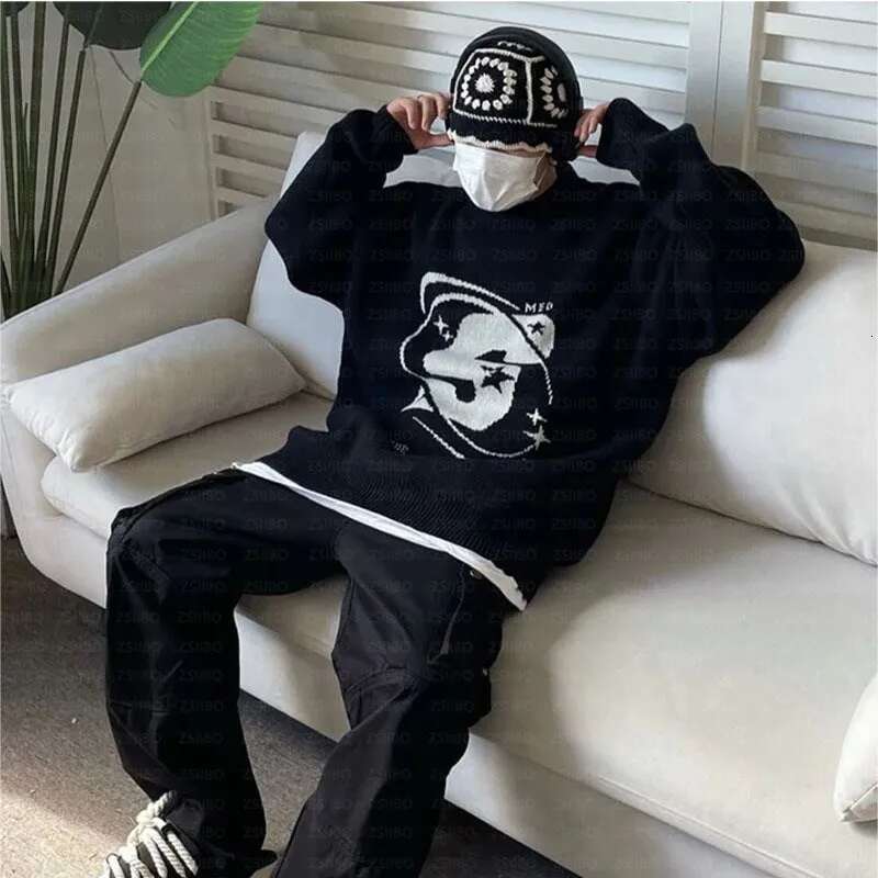 Capital Letter Print Solid Color Retro Men's And Women's Autumn Winter Sweaters Haruku Crew Neck Oversized Baggy Knitted Top