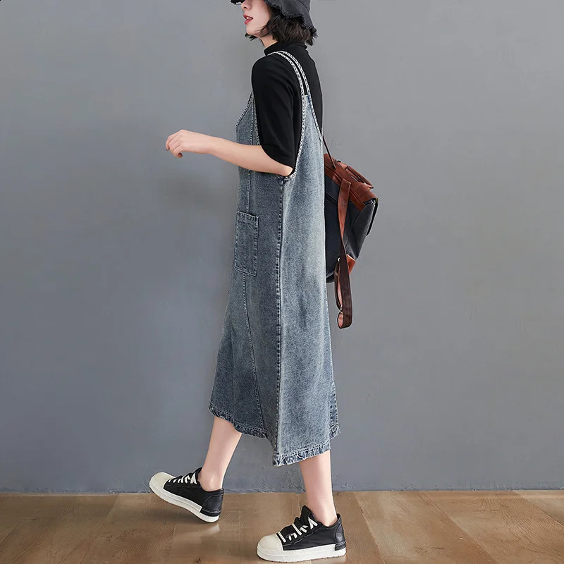 #2114 Spring Summer Blue Denim Overalls Dress Women Sleeveless Spaghetti Strap Dress Front Pockets Casual Vintage Dress V Neck 250411