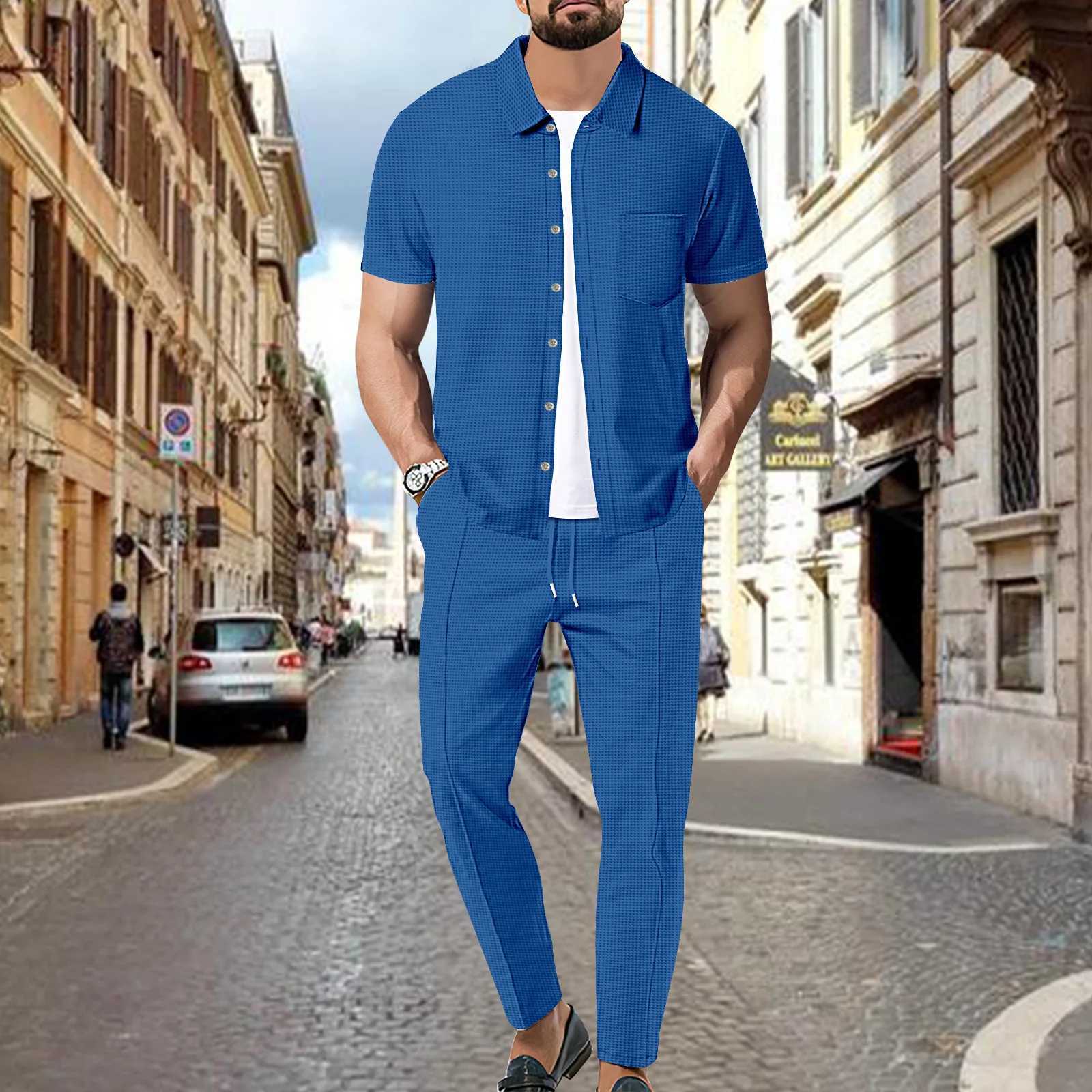 2025 Summer Mens Business Leisure Waffle Pocket Solid Color Short Sleeve Fashion Trend Collar Shirt Pants Two Piece SetXJ250412