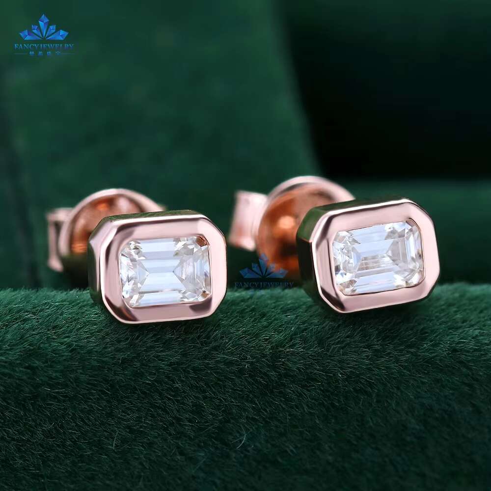 Fashion Bezel Setting Moissanite Earring Women 925 Sterling Silver Stud Earring 3x4mm Emerald Cut Moissanite Stud Earring