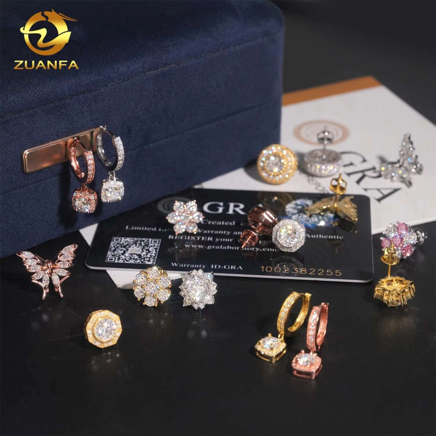 Hip Hop 925 Silver Iced Out Butterfly Flower GRA Certificate Women Mens VVS Moissanite Earrings