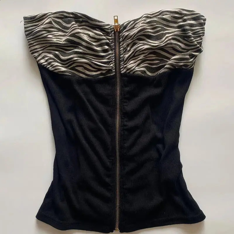 Korean Bodysuit Zebra Stripes Zipper Tank Tube Crop Top Woman Punk Goth Clothes Y2k Summer Slim Shirt Grunge Streetwear Camisole 250411