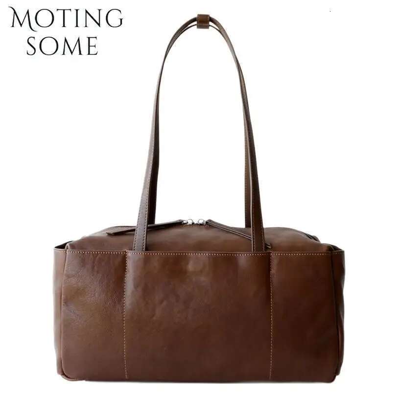 Motingsome Retro Cowhide Shoulder Bag Woman Large Capacity Daily Bags Vegetable Tanned Leather Satchel Boston Purses 2025