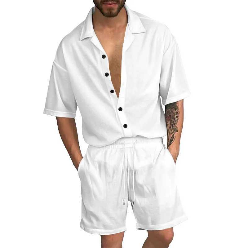 European and American summer set mens casual collar solid color shirt button up cardigan short sleeved set mens styleXJ250412
