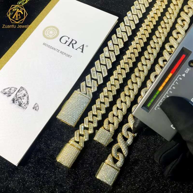 Cuban Link Necklace 18mm-20mm Wide with 3 Rows GRA D/VVS Moissanite for Men Silver Plated Cuban Iced Out Prong Cuban Link Chain