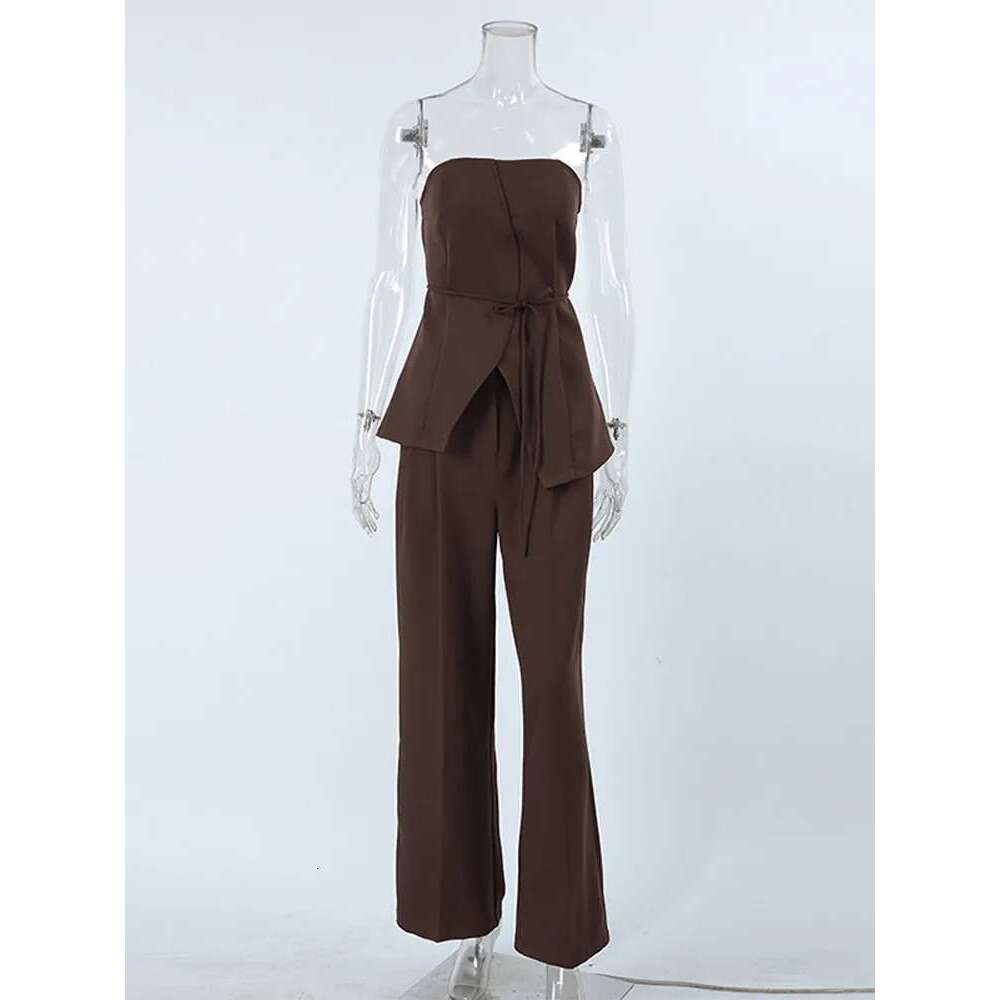 Designer Clothes Women Pant Sets Sexy Backless Straps Sleeveless Lace Up Top Loose Wide Leg Pants Suit Female 2025 Summer Fashion Lady Outfits