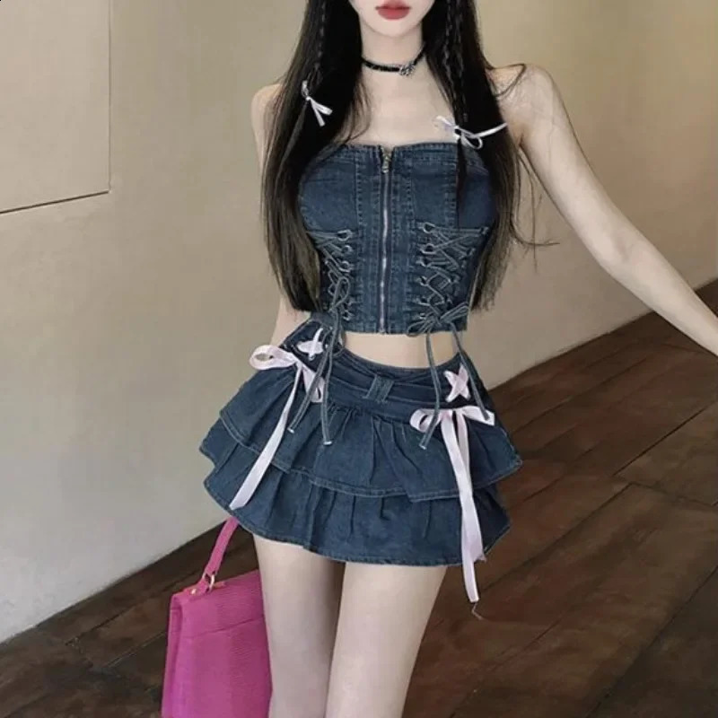 Vintage Y2k sweet Sweet 2 Piece Set Denim Mini Skirt Women Ruffle Kawaii Bow Coquette Skirt Summer Black A-line Short Suits 250411