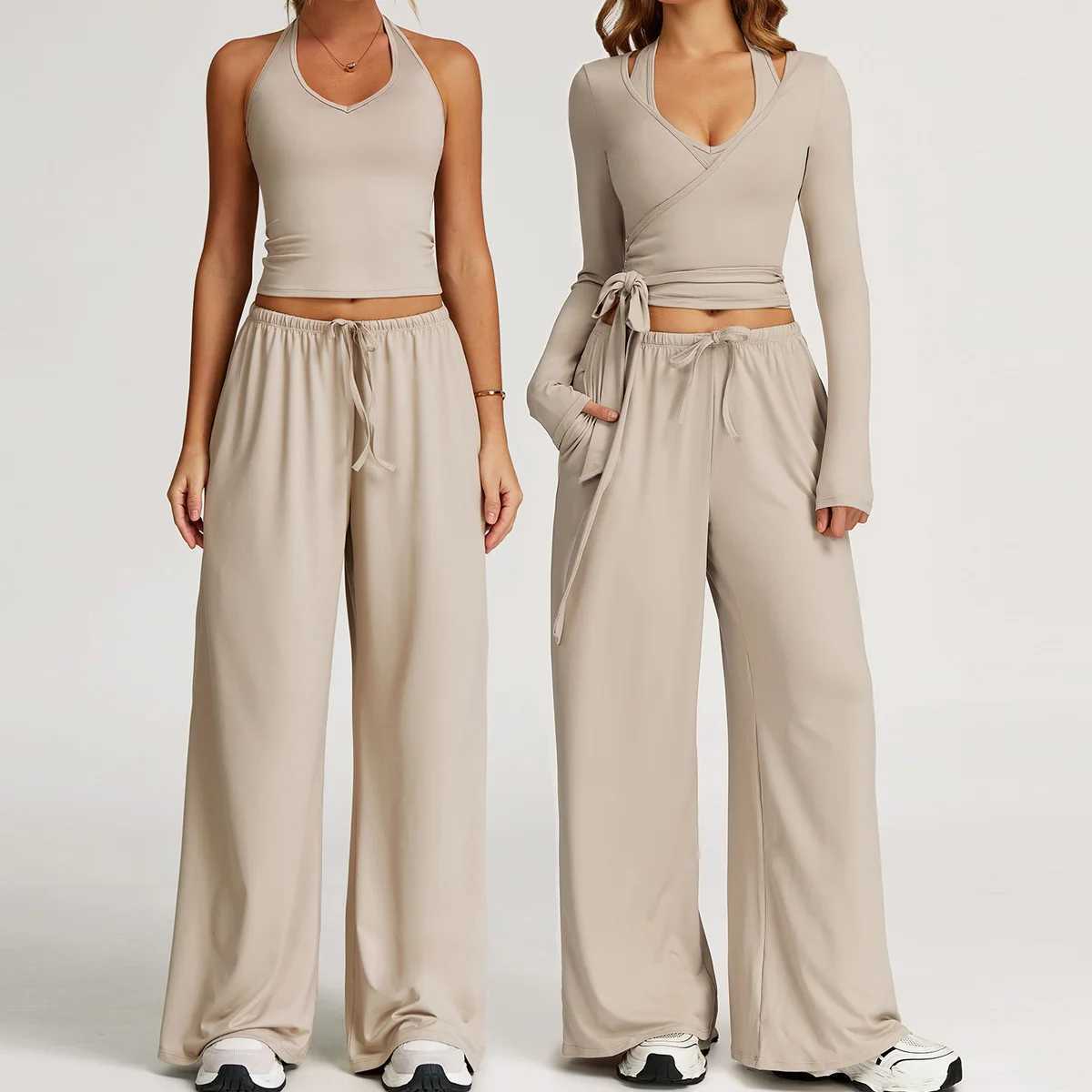 New Women Yoga Set 2/3 Pieces Long sleeves Workout Tracksuit Sportswear Gym Clothing Wide-leg sport pants Fitness Sports Suit J251112