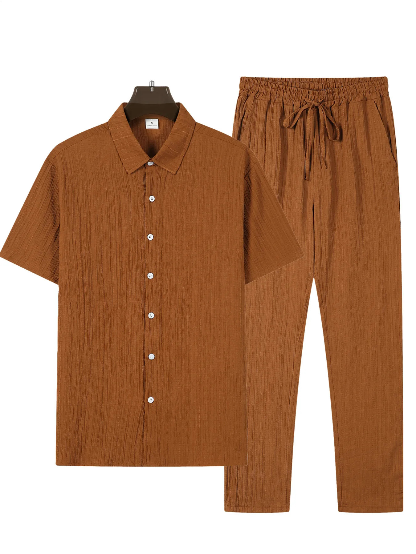 Mens casual striped two-piece solid color lapel short sleeved top and pants set for spring and summer sports streetwear 250411