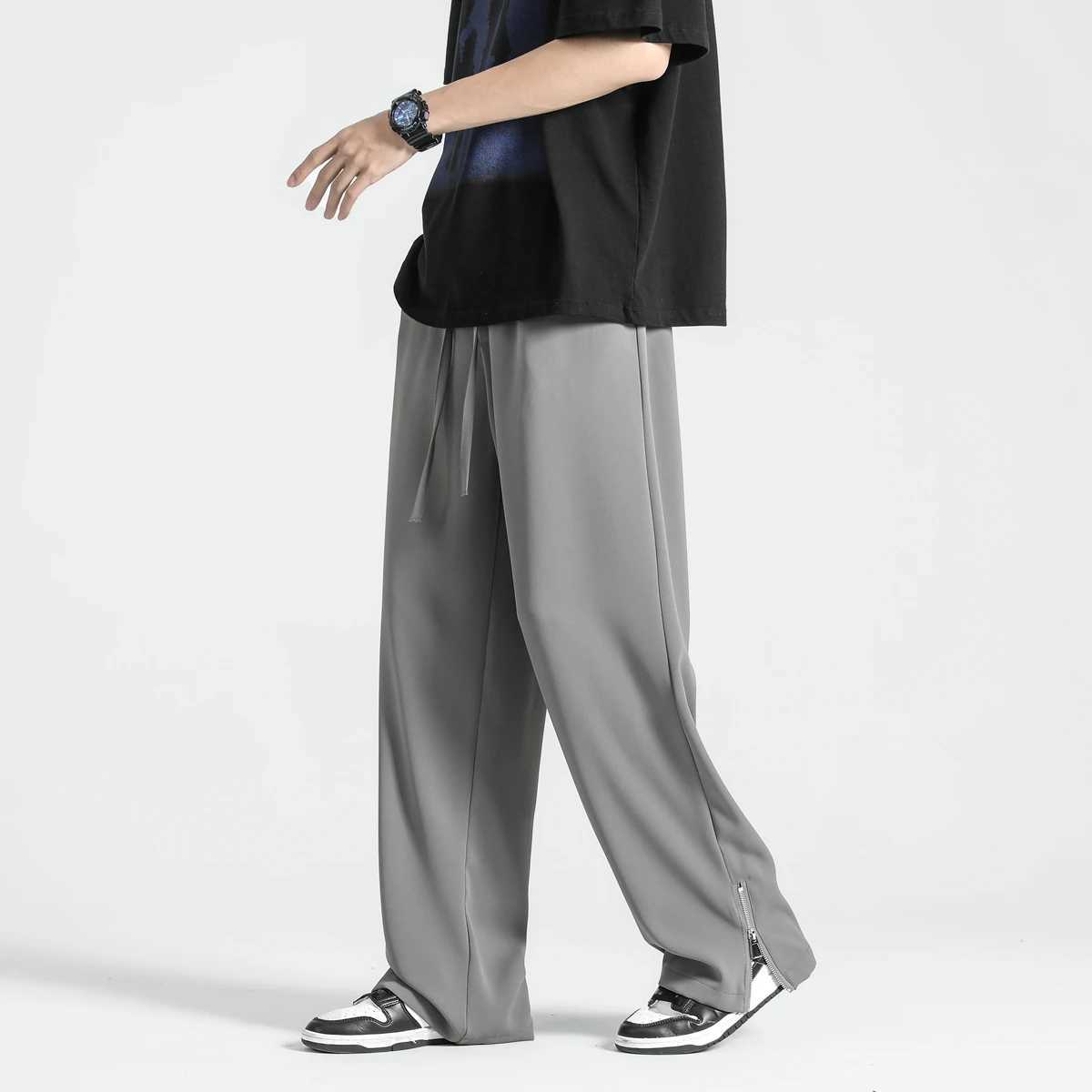 2024 summer new lightweight Korean mens casual suit pants straight loose sports pants soft split zipper design luggage Trouser W250411