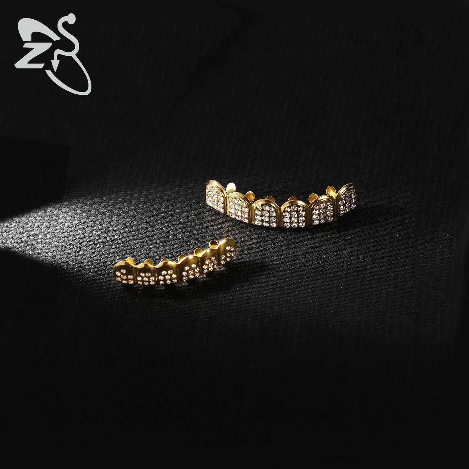 ZS 1 Set Hip Hop 18K Gold Plated Grillz Mens Teeth Shining CZ Crystal Cross Gap Grillz Colored Zircon Upper and Lower Teeth Jewelry W250412