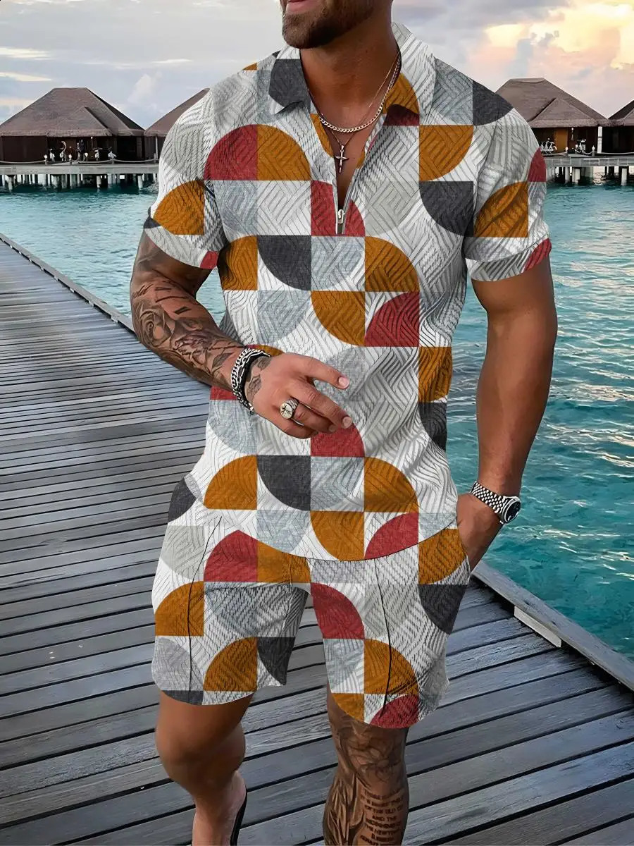 Color Gradient 2 Pcs Sets Golf Summer Fashion Mens Polo Shirts Short Sleeve Short Pants Sets Tracksuit Casual Beach Suit 250409
