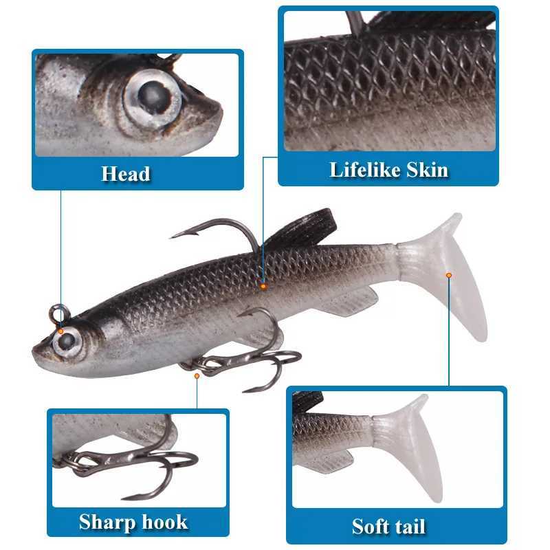 5pcs Soft Rubber Fishing Lure 8cm 14g Bionics 3D Eyes Swimbait with Double Jig Head Hook Artificial Fishing Wobblers T Tail Bait Z250411