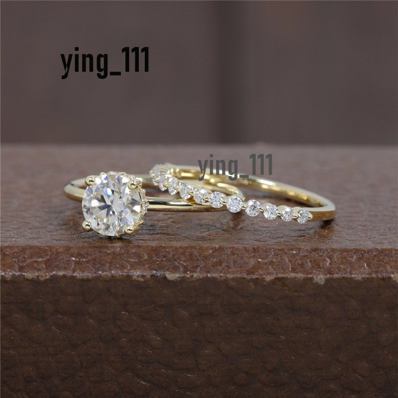 Jewelry 1.00 CT Round IGI Lab Grown Diamond Bridal HPHT Ring Set Real Yellow Gold Round Diamond Hidden Halo Ring Engagement Ring For Women