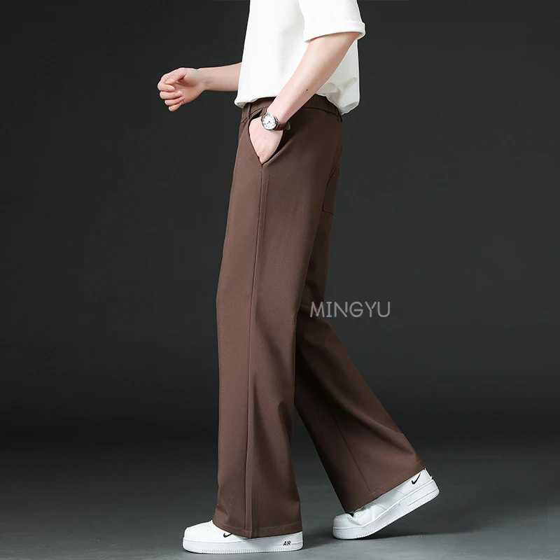 Brand Clothing Summer Smooth Flare Pants Men Business Elastic Waist Suit Flared Trousers Male Korean Work Office Plus Size S-4XL W250411